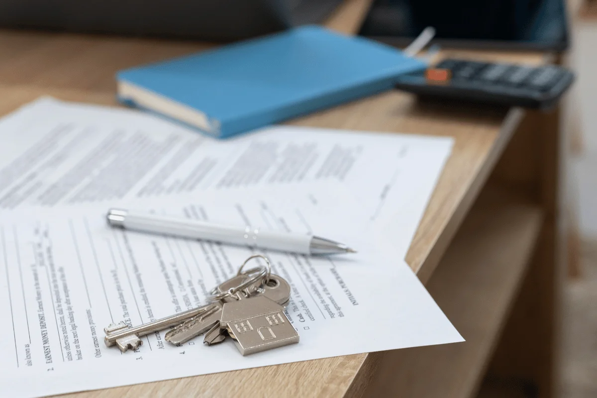A pen and keys rest on a stack of documents on a wooden desk, alongside a blue notebook and a calculator in the background.