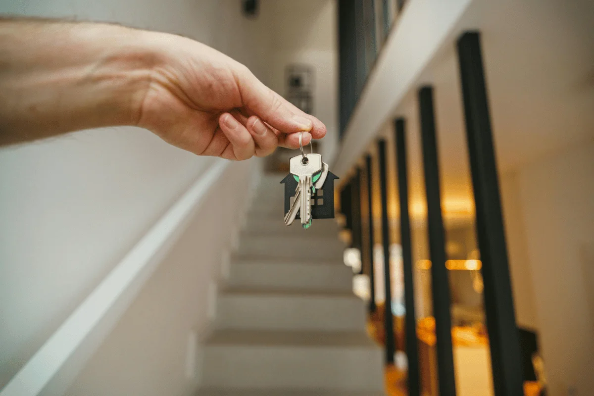 New homeowner with keys in hand near staircase.