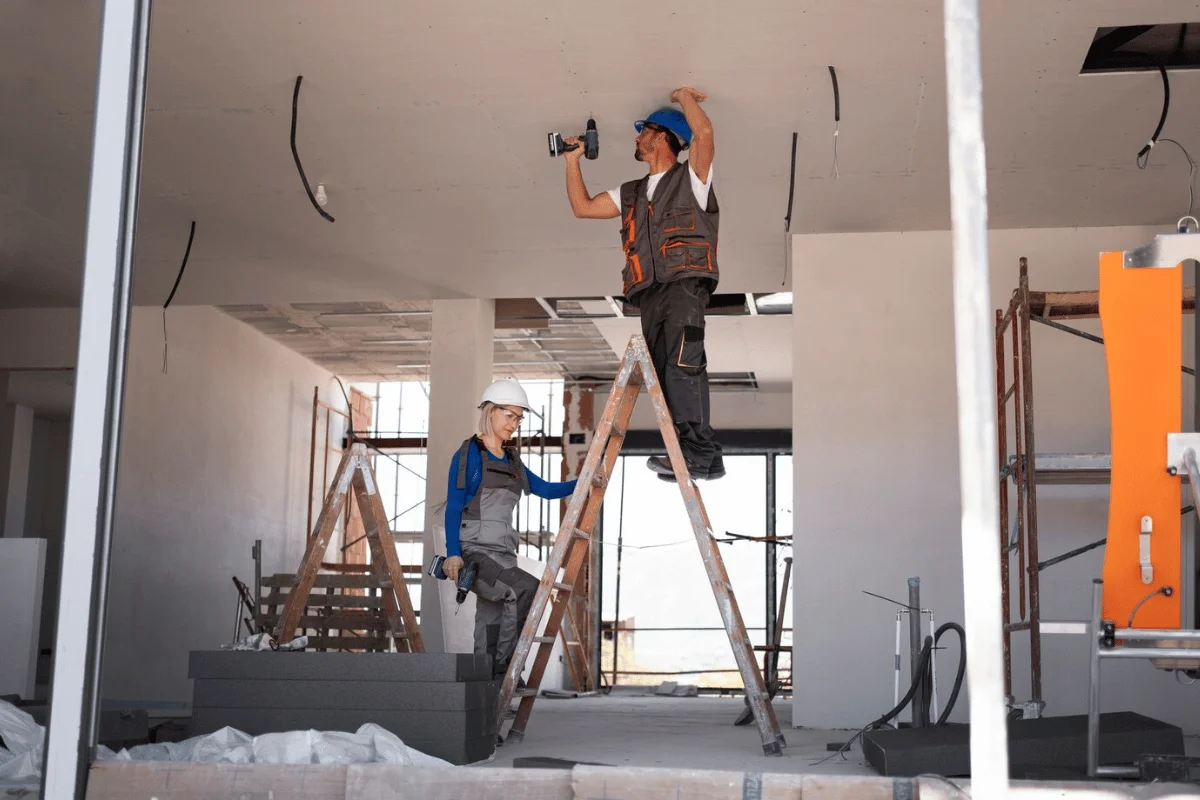 Two construction workers on ladders are working together to install drywall in a modern building.
