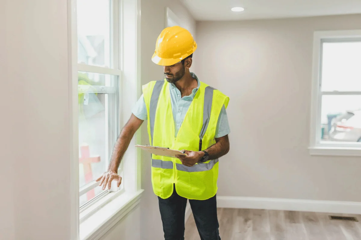 A construction worker in a yellow safety vest and hard hat inspects a window while holding a clipboard.