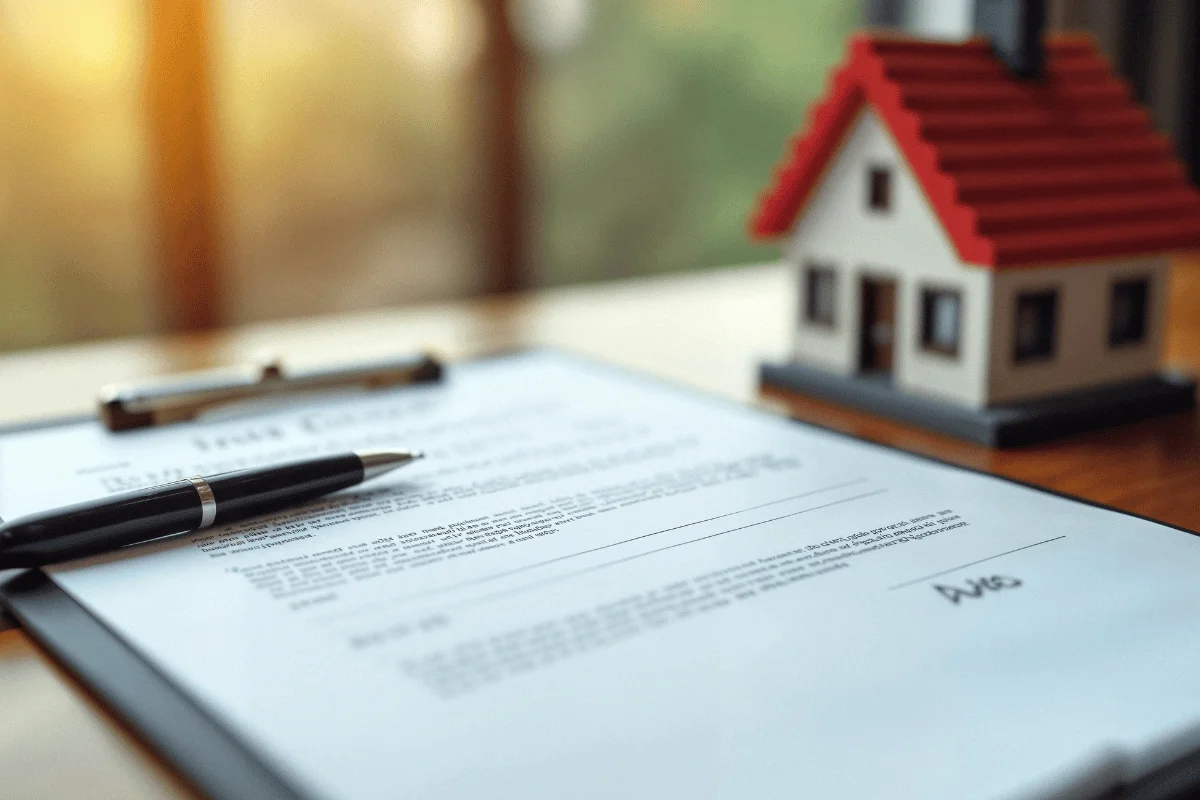 Real estate paperwork beside small toy house.