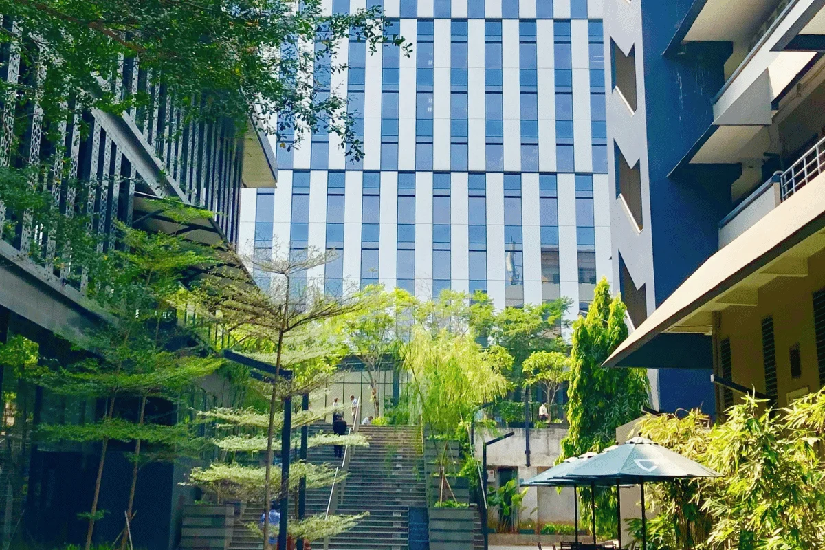 A modern office building with tall windows, surrounded by lush greenery and staircases leading to the entrance.