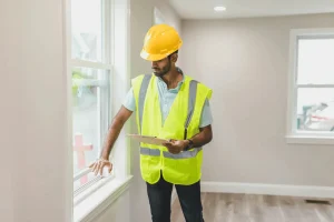 Man in a yellow hard hat and reflective vest inspects a window in a bright room, holding a clipboard. The scene conveys focus and professionalism.