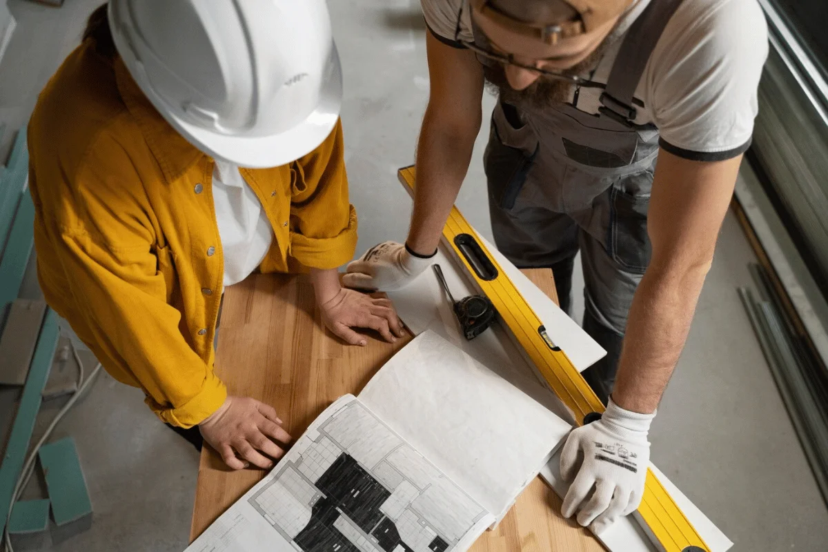 Two construction workers reviewing blueprints on a wooden table.