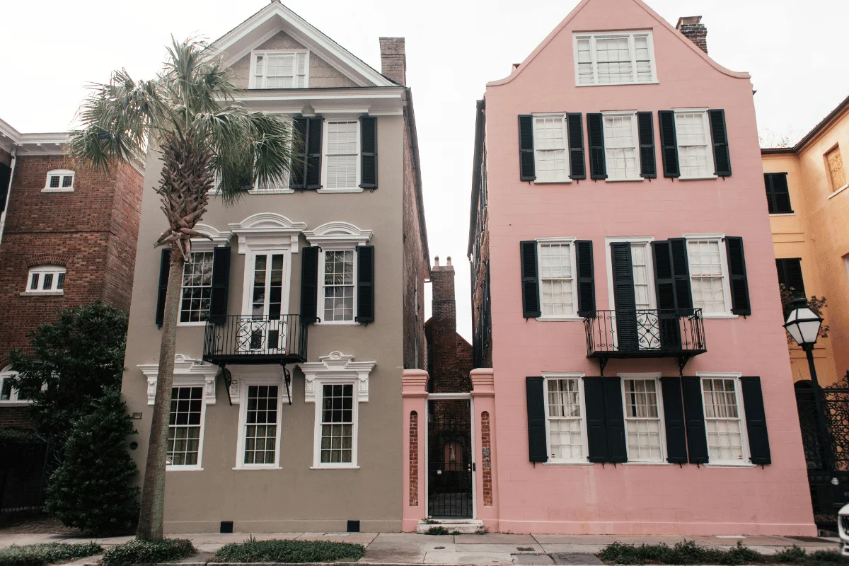 Two historic three-story houses with black shutters; one gray and one pink. A palm tree stands in front, creating a charming, picturesque scene.