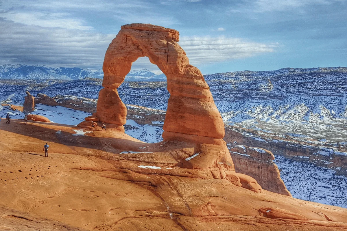 A striking landscape features the Delicate Arch in Utah, a natural red rock arch under a partly cloudy sky, with snowy mountains in the background.