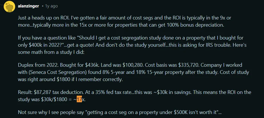 Text post discussing ROI on cost segregation studies. A user details a study done on a $436k duplex, leading to $87,287 tax deduction and significant savings.