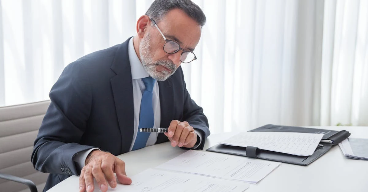 A professional in suit reviewing architectural blueprints for cost segregation engineering studies at office desk.