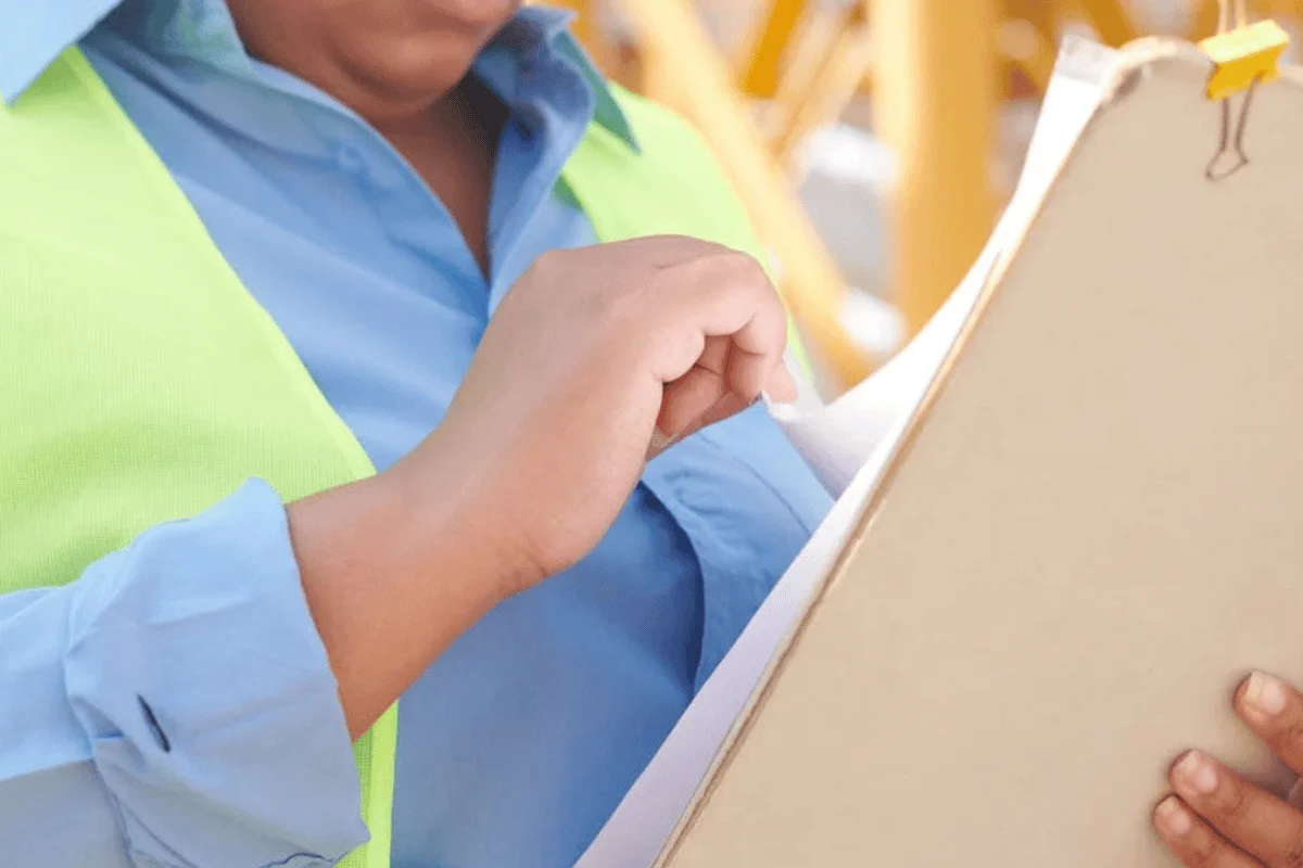 Construction worker in high-vis vest reviewing building plans for cost segregation new construction acquisition project.